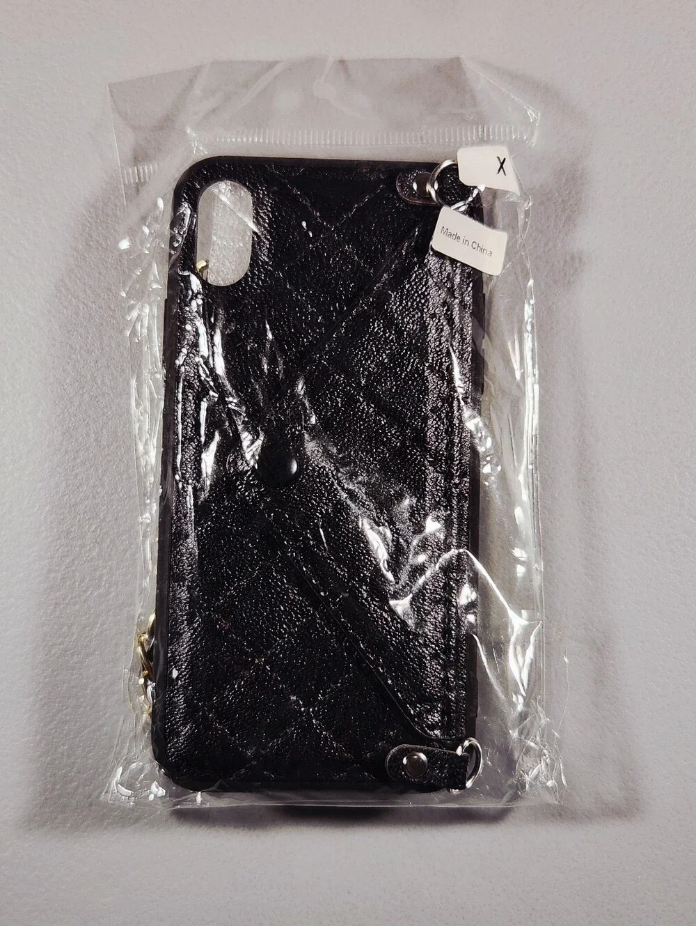 Black Quilted Leather iPhone X Case Crossbody Wallet Chain Envelope Card Slot